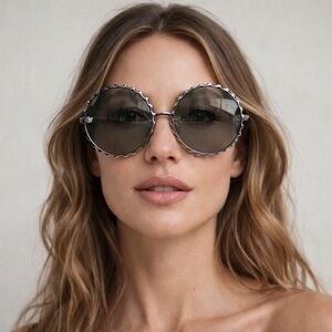 Linda Farrow Scalloped Edge Round Silver Sunglasses, style LFL662